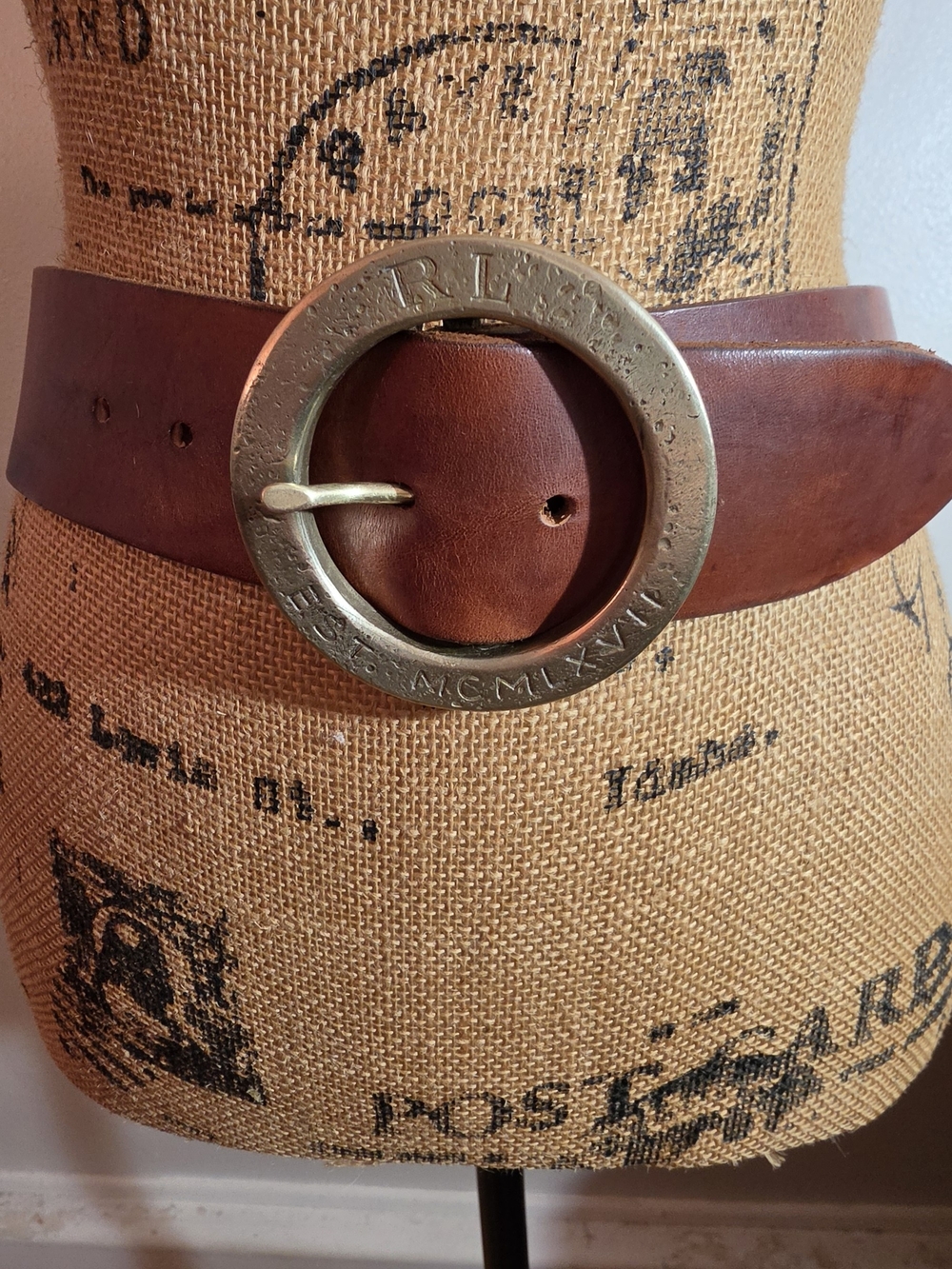 Ralph Lauren Brown Leather Belt with Brass Round Buckle